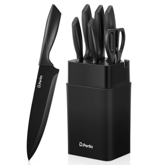 D.Perlla Knife Set, 7 Pieces Kitchen Knives Sets with Built-in Sharpener, Stainless Steel Knife Set with Block, Dishwasher Safe