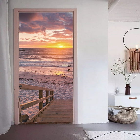 D Pink Flower Door Sticker Self Adhesive PVC Setting Sun Pink Natural Scenery Door Sticker Wallpaper