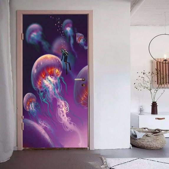 D Pink Flower Door Sticker Self Adhesive PVC Setting Sun Pink Natural Scenery Door Sticker Wallpaper