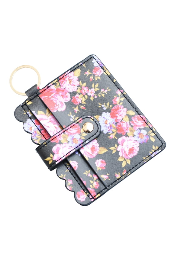 D Polyurethane Leather Multi-Card Wallet Keychain With Floral Designs Scalloped Edges And Metal Accents For Daily Storage And Organization