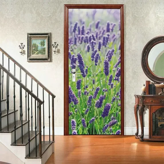 D Purple Lavender Door Sticker Flower Field Sunset Decal Removable Beautiful Floral Mural Poster Wa