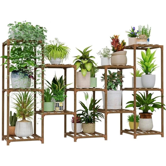 D-Rectangle-Larger Tiered Plant Stand Brown Wood Finish 6-Tier Indoor Outdoor
