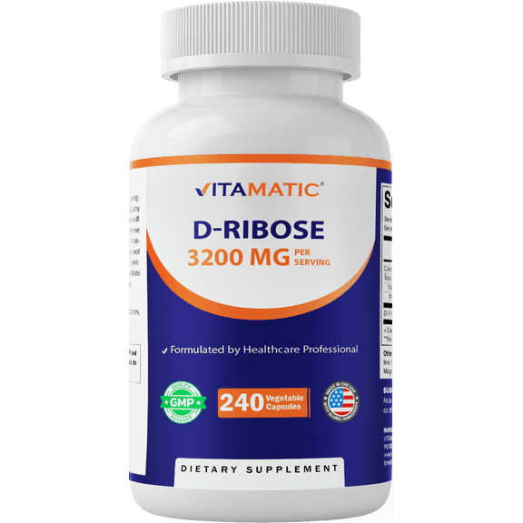 D-Ribose 3200 mg per Serving Energy Support Supplement 240 Vegetarian Capsules Non-GMO & Gluten Free, Made in USA