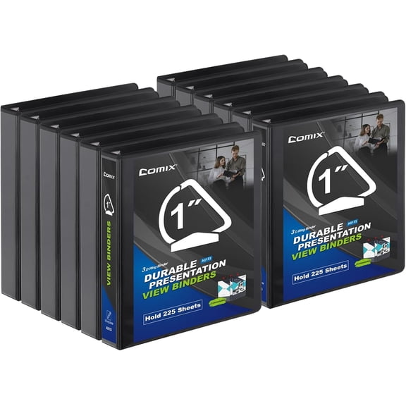D-Ring Basic View Binder 1 inch 3 Ring Binders, 2.4mm-Thick, Hold 225 Sheets of 8.5" x 11" Paper, 12 Pack (Black)