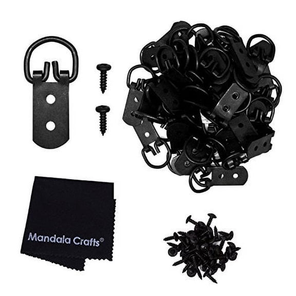 D Ring Picture Hanger Hardware Kit with Screws for Hanging Frames, Art, Paintings, and Mirrors; by Mandala Crafts (Heavy Duty 2 1/4 x 1 Inches, Black)
