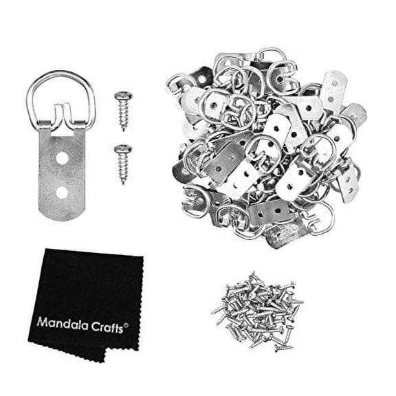 D Ring Picture Hanger Hardware Kit with Screws for Hanging Frames, Art, Paintings, and Mirrors; by Mandala Crafts (Heavy Duty 2 1/4 x 1 Inches, Silver)
