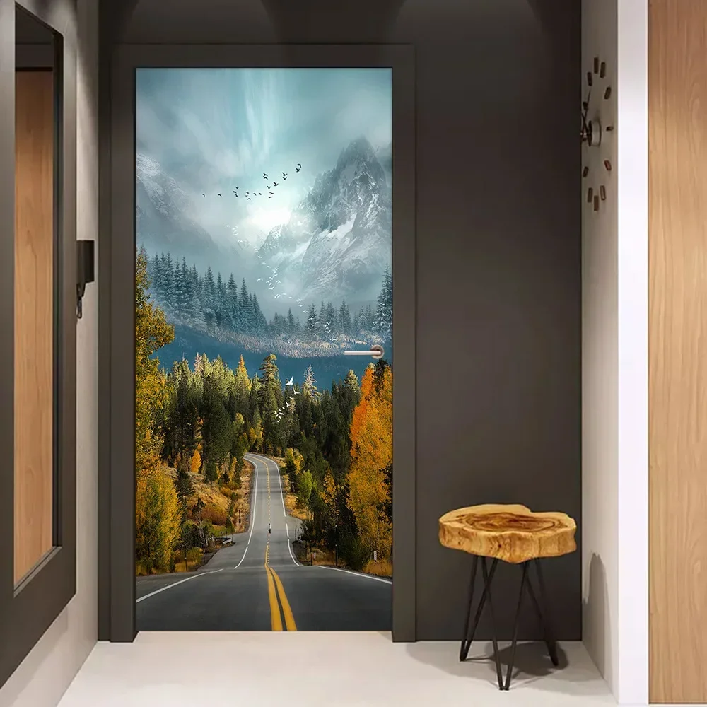 D Road Landscape Door Stickers Natural Scenery Home Bedroom Wallpaper ...
