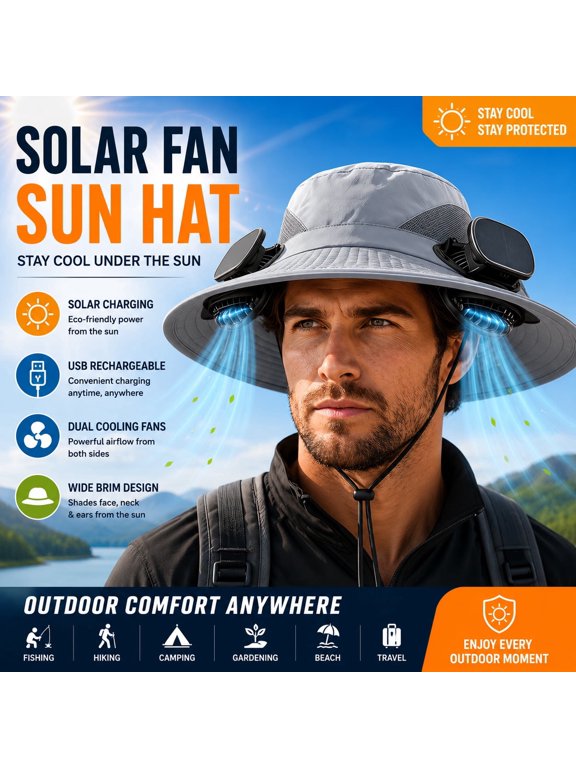 Solar Fan Sun Hat, Dual Cooling Fan Wide Brim Outdoor Hat, Solar & USB Rechargeable, Lightweight Breathable Adjustable Bucket Hat for Fishing, Hiking, Camping, Gardening, Beach, Travel, Gray