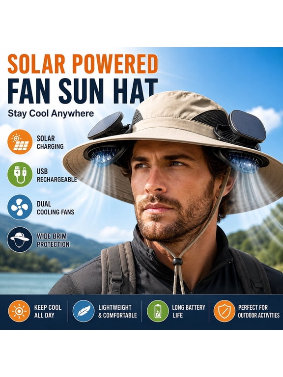 Solar Powered Fan Sun Hat with Dual Cooling Fans, Wide Brim Outdoor Bucket Hat, USB Rechargeable & Solar Charging, Lightweight UV Sun Protection Hat for Fishing, Hiking, Camping, Gardening