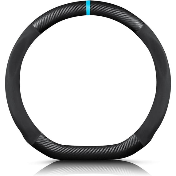 D-Shape Carbon Fiber Microfiber PU Leather Steering Wheel Cover Breathable Sweat Absorbent Sport 38 cm Anti-slip Car Steering Wheel Protector, Black Blue