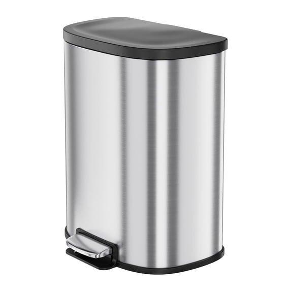 D Shape Kitchen Trash Can 50L/13.2 Gal,Smudge Resistant Step-On Garbage Can with Lid,Stainless Steel Trash Bin with Removable Buckets,Soft-Close Lid