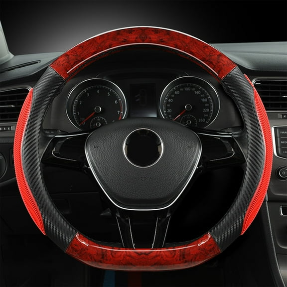 D-Shaped Car Steering Wheel Cover - Wood Grain Breathable Silicone Grip for All Seasons, Non-Slip Protection and Easy Clean ,Red