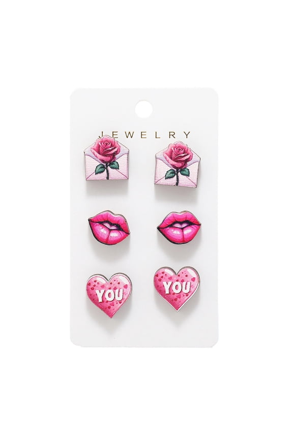 D Six Pair Wood Stud Earrings With Romantic Motifs Heart Rose And Bear Designs For Women Lightweight And Comfortable 3.86 Inch