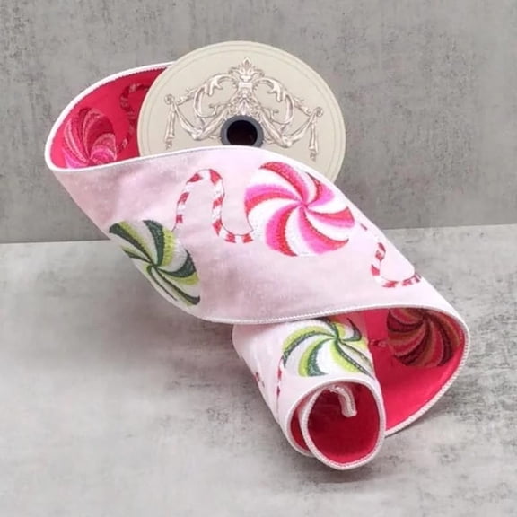 D Stevens Peppermint Whirl Decorative Ribbon, Light Pink with Candy Cane Pattern, Velvet, 4 Inch x 5 Yards$$Art & Craft