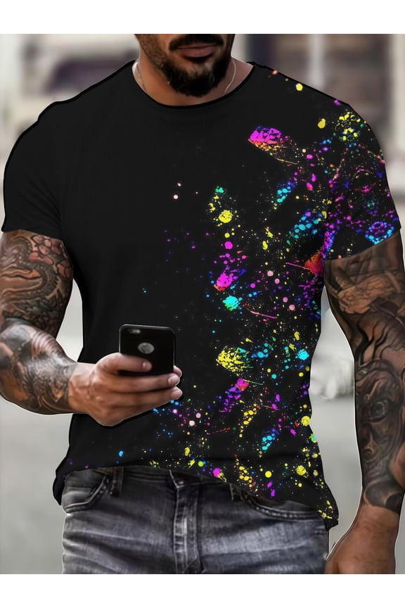 D Summer New Style Neon Splash-Ink Dot Pattern Short-Sleeve Digital Print Design T-Shirt, Trendy Men's Casual Fashion Top