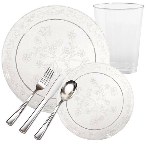 D'VINE COLLECTION ELEGANT CLEAR PLASTIC TABLEWARE PACKAGE (100 Serving)