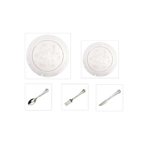 D'Vine Clear 10" Dinner Plates + 7" Salad Plates + Cutlery *Party of 40*