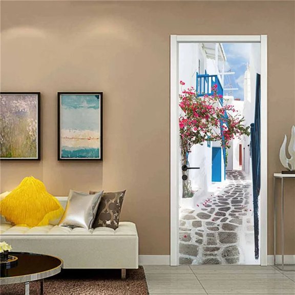 D Vinyl Wallpaper Blue Sky White House Scenery Door Sticker Adhesive DIY Wall Poster Decal Customize