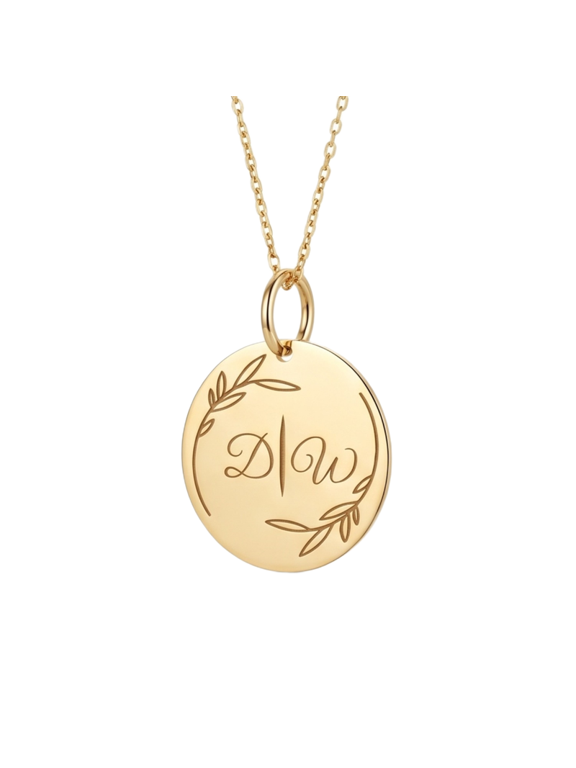 D W Initial Engraved Pendant Necklace, Gold Plated Brass Round Jewelry with 18 Inch Cable Chain, 28mm Engraved Design Pendant for Men & Women