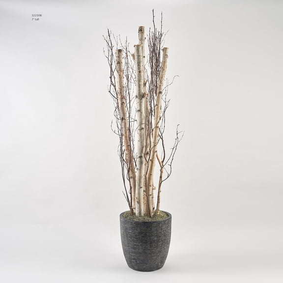 D & W Silks 7' Birch Pole And Birch Branches in Round Black Textured Planter