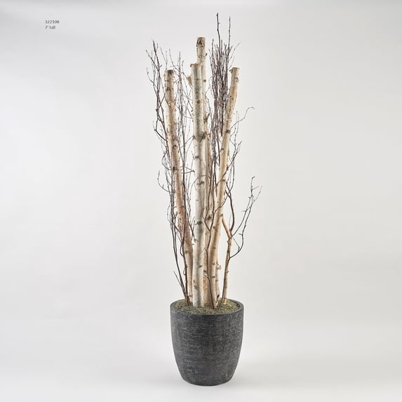D & W Silks 7' Birch Pole And Birch Branches in Round Black Textured Planter