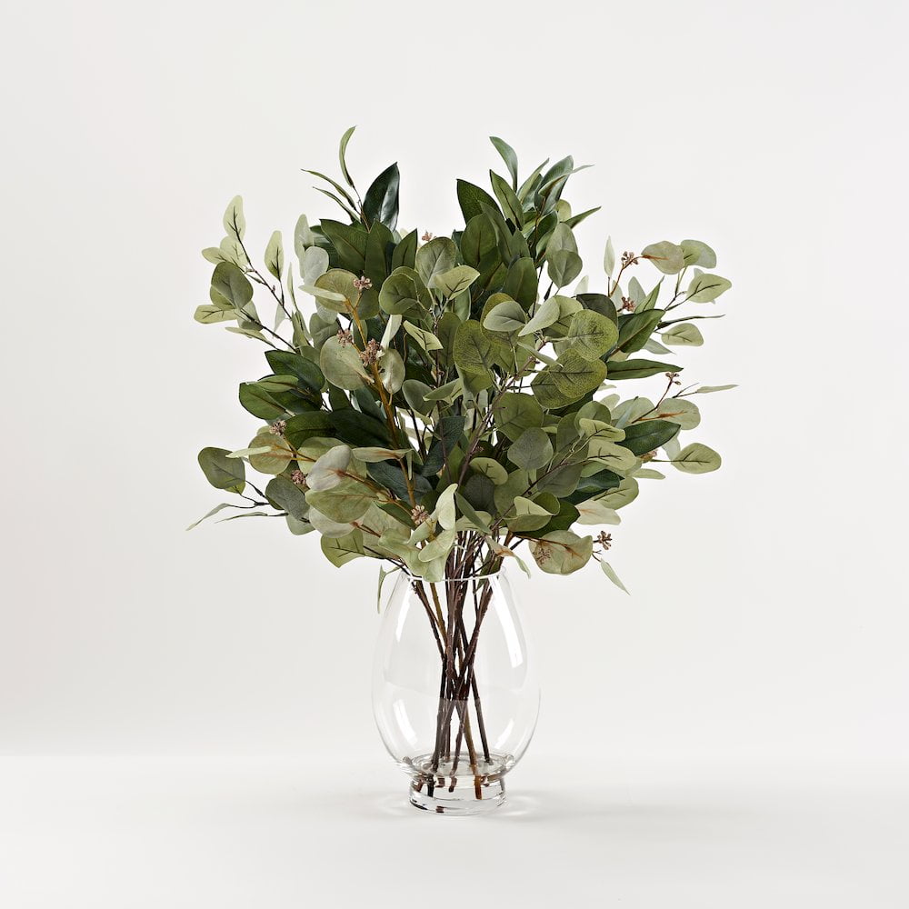 D & W Silks Assorted Eucalyptus Sprays in Glass Pedestal Vase