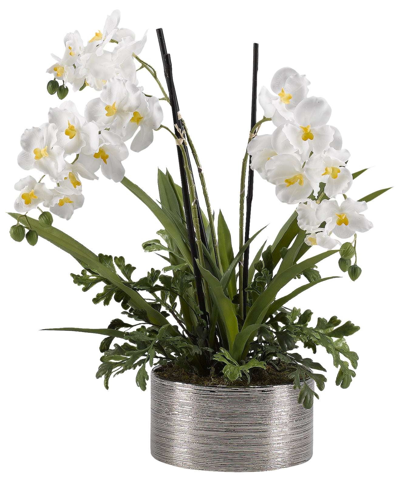 D&W Silks - Cream/White Orchids in Round Silver Ceramic Bowl