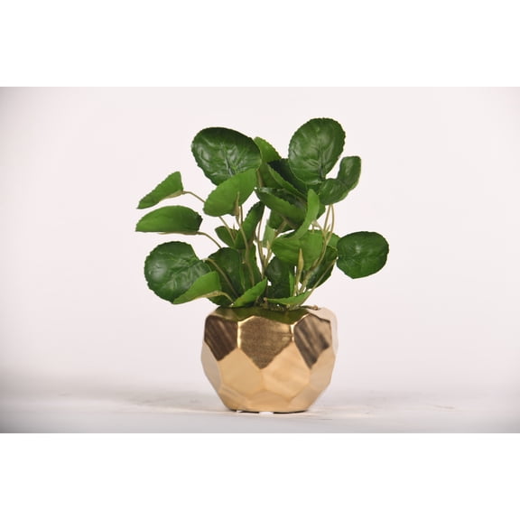 D&W Silks Eucalyptus in Gold Geometric Planter