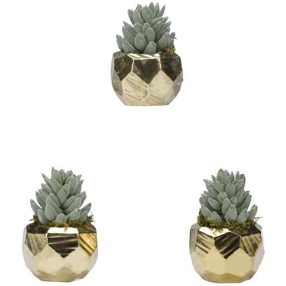 D&W Silks - Flocked Aloe in Antigue Gold Ceramic Planter - Set Of 3