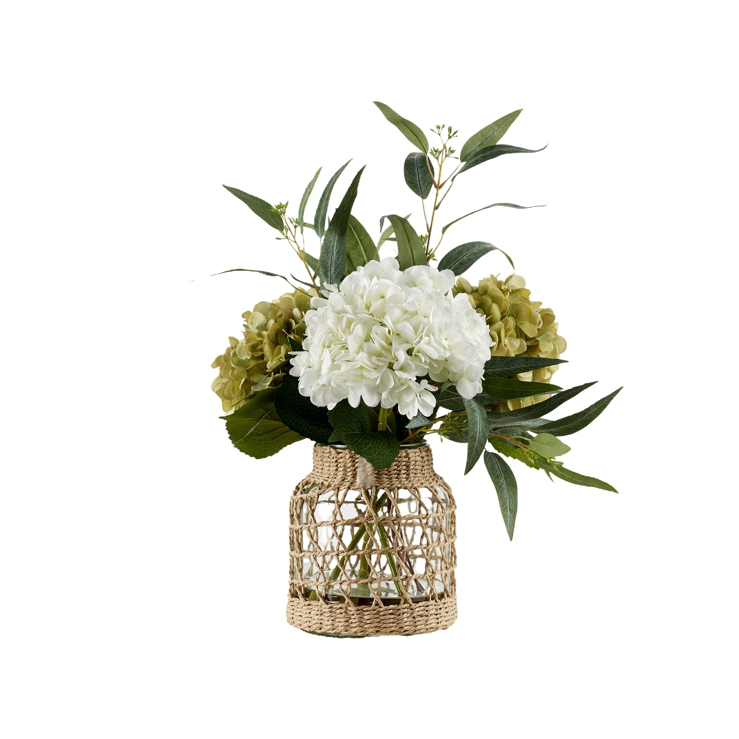White and Green Silk Hydrangea and Eucalyptus Arrangement in Jute Wrapped Glass Vase