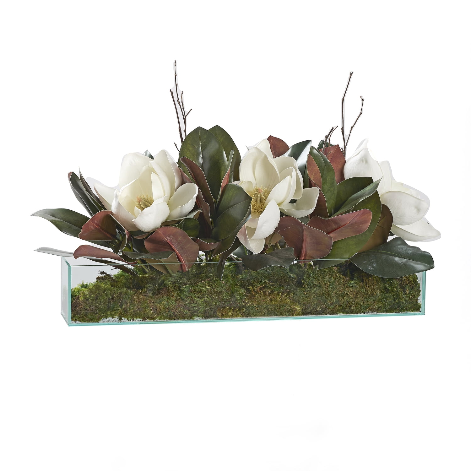 D&W Silks Magnolias And Birch Tops in Rectangle Aquarium Glass