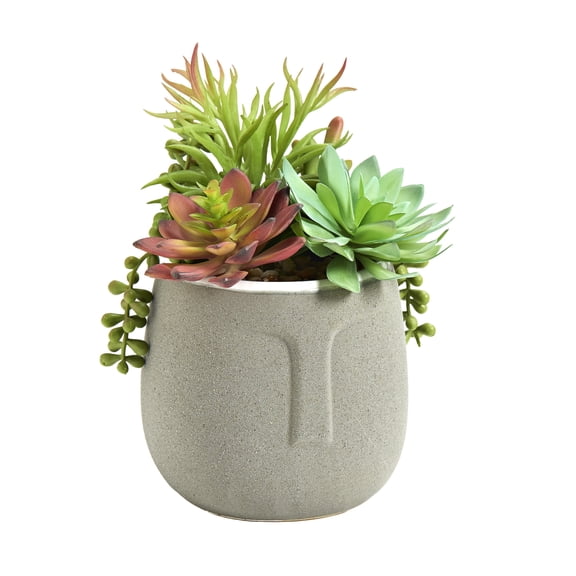 D&W Silks Mixed Succulents in Grey Aztec Pot