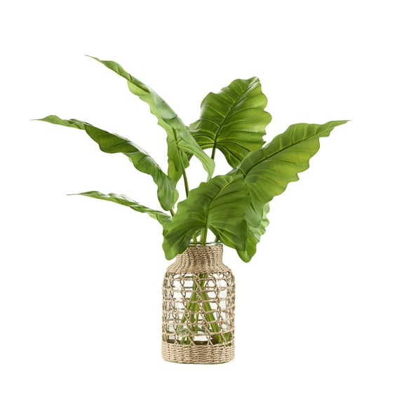 D&W Silks Philo Leaves in Jute Wrapped Glass Vase