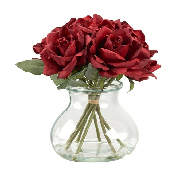 D&W Silks Red Roses in Short Glass Vase