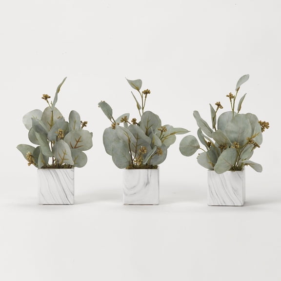 D&W Silks Seeded Eucalyptus Branches in Marbled Ceramic Cube - Set of 3