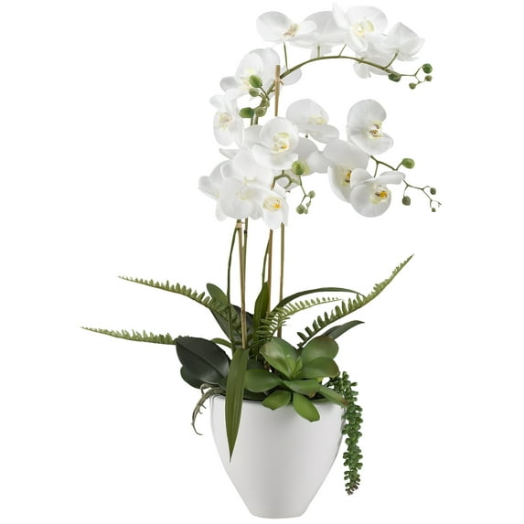 D&W Silks - White Orchids in White Ceramic Bowl