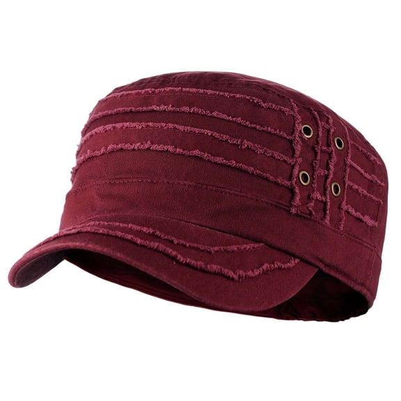 D&Y Unisex Cotton Distressed Layered Frayed Cadet Military Cap, Burgundy