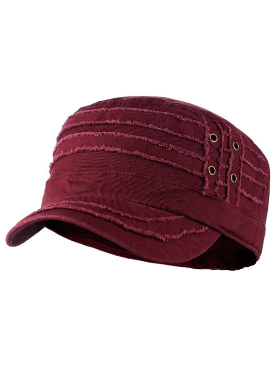 Unisex Cotton Distressed Layered Frayed Cadet Military Cap, Burgundy