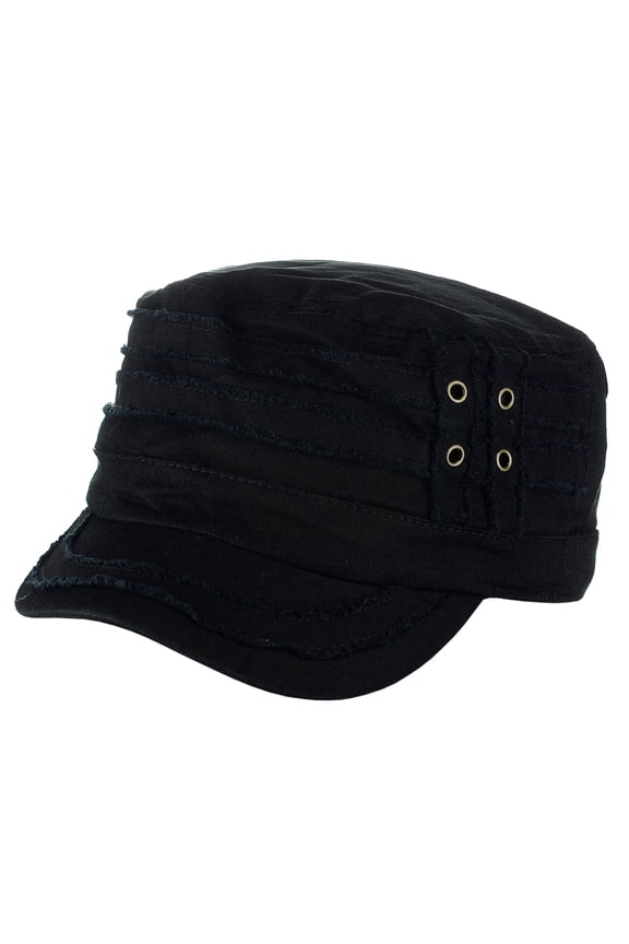 Unisex Cotton Distressed Layered Frayed Cadet Military Cap, Black