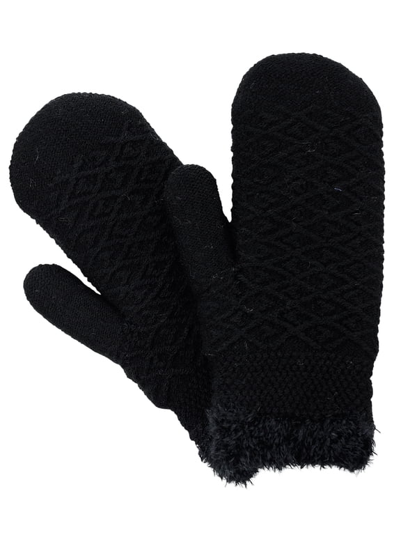 D&Y Women's Winter Warm Knit Plush Lined Stretchy Snug Fit Mittens, Black