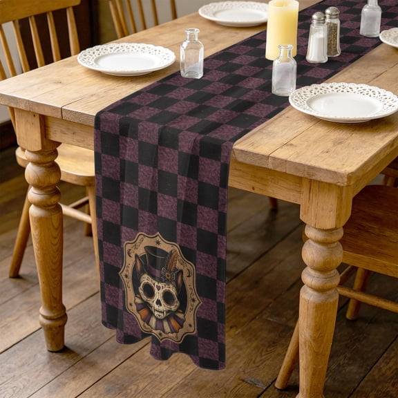 DÃa De Los Muertos 4.5ft Cheesecloth Table Runner for Wedding 19"x55", Goth Top Hat Cat Skulls Vintage Deep Plum Plaid Kitchen Dinner Sheer Tulle Chiffon Dresser Scarf, Holiday Party Decorations