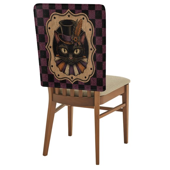 DÃa De Los Muertos Chair Back Covers Set of 2 Vintage Goth Top Hat Black Cat Deep Plum Plaid Removable Dining Chair Slipcovers Washable Seat Protector for Restaurant Party Banquet Kichen Decor