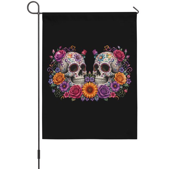 Día De Los Muertos Garden Flag 12 x 18 Inches, Goth Skulls Orange Marigold Mexican Folk Art Weather Proof Outdoor Patio Flags Double Sided Small Garden Decoration for Yard Outside Home