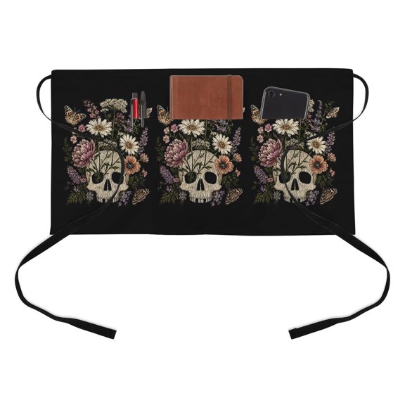 Da De Los Muertos Kitchen Restaurant Half Waist Apron, Goth Skulls Vintage Flower Butterfly Black Backdop Server Short Apron with 3 Pockets Waterproof Oil Waist Aprons for Women Waitress Waiter
