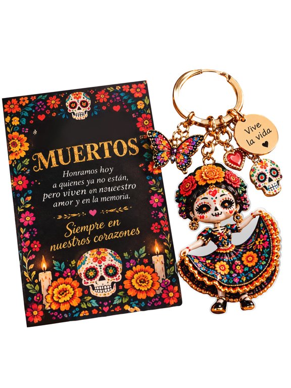 Día de Muertos Charm Keychain, 2026 Floral Sugar Skull Memorial Key Ring, Dia de Los Muertos Decorations Gift for Keys, Day of the Dead Keychain Pendant for Backpack, Handbag Luggage Decor