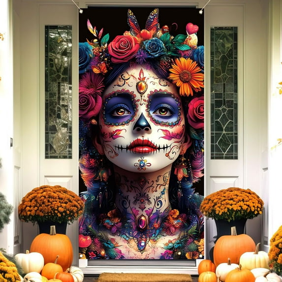 Día de Muertos Door Cover Day of The Dead Decoration for Holiday Decor, Decorative Banner for Front Door or Wall, Easy to Hang Festival Party Decoration with Vibrant Designs(B)