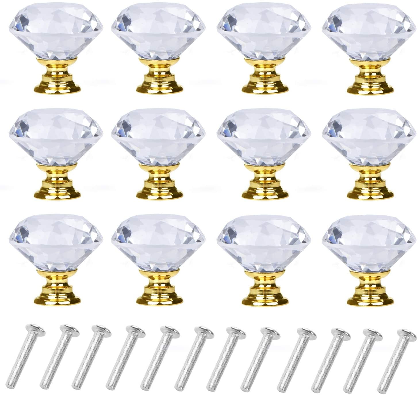Dresser Knobs 8 Pack Crystal Glass Cabinet Knobs - Satin Gold Base, 1.2"  Clear Diamond Handles For Drawers & Furniture Satin Gold Drawer Pulls