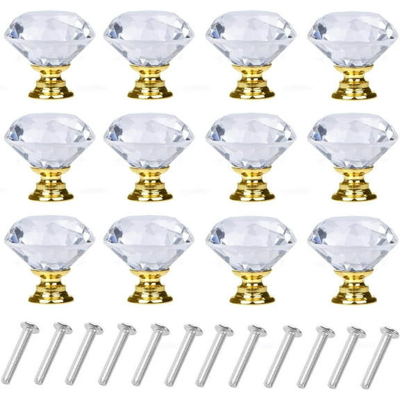 D-buy 12 Pack Drawer Knobs Diamond Shaped Crystal Glass 30mm Cabinet Knobs Pull Handles (Gold)