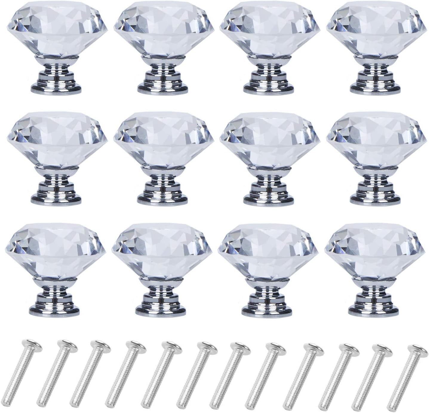 D-buy 12 Pack Drawer Knobs Diamond Shaped Crystal Glass 30mm Cabinet Knobs Pull Handles (Silver)