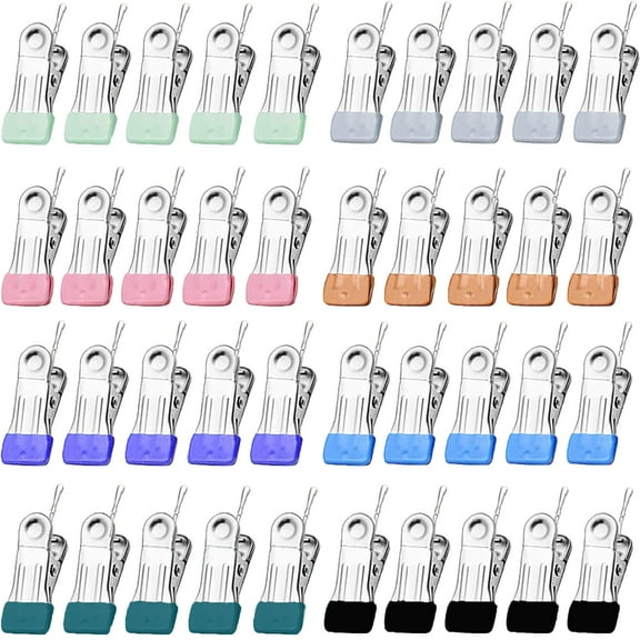 D-buy 40 Pack Colored Clothes Pins, Heavy Duty Clothing Pins, Stainless Steel Metal Clothespins with Hooks for Clothes Line Outdoor, Multipurpose Metal Clips for Clothes, Socks, Towel, 8Color